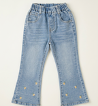 Girls Light Wash Floral Embroidered Flare Jeans