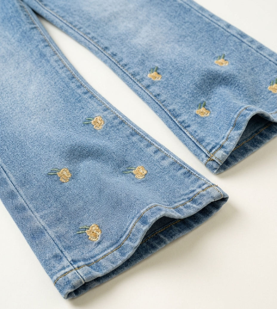 Girls Light Wash Floral Embroidered Flare Jeans