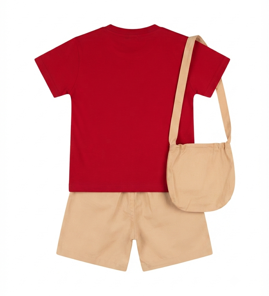 Boys Apple Applique T-Shirt & Shorts Set with Matching Sling Bag
