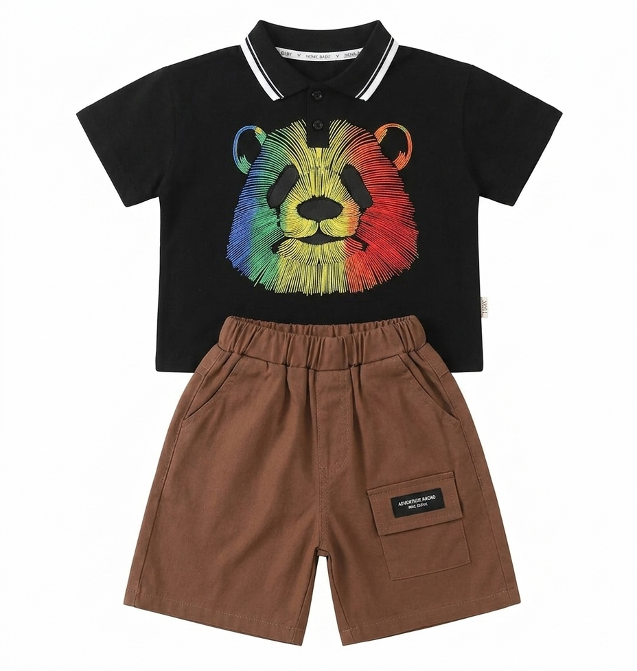 Boys Black Bear Print Polo T-Shirt & Brown Shorts