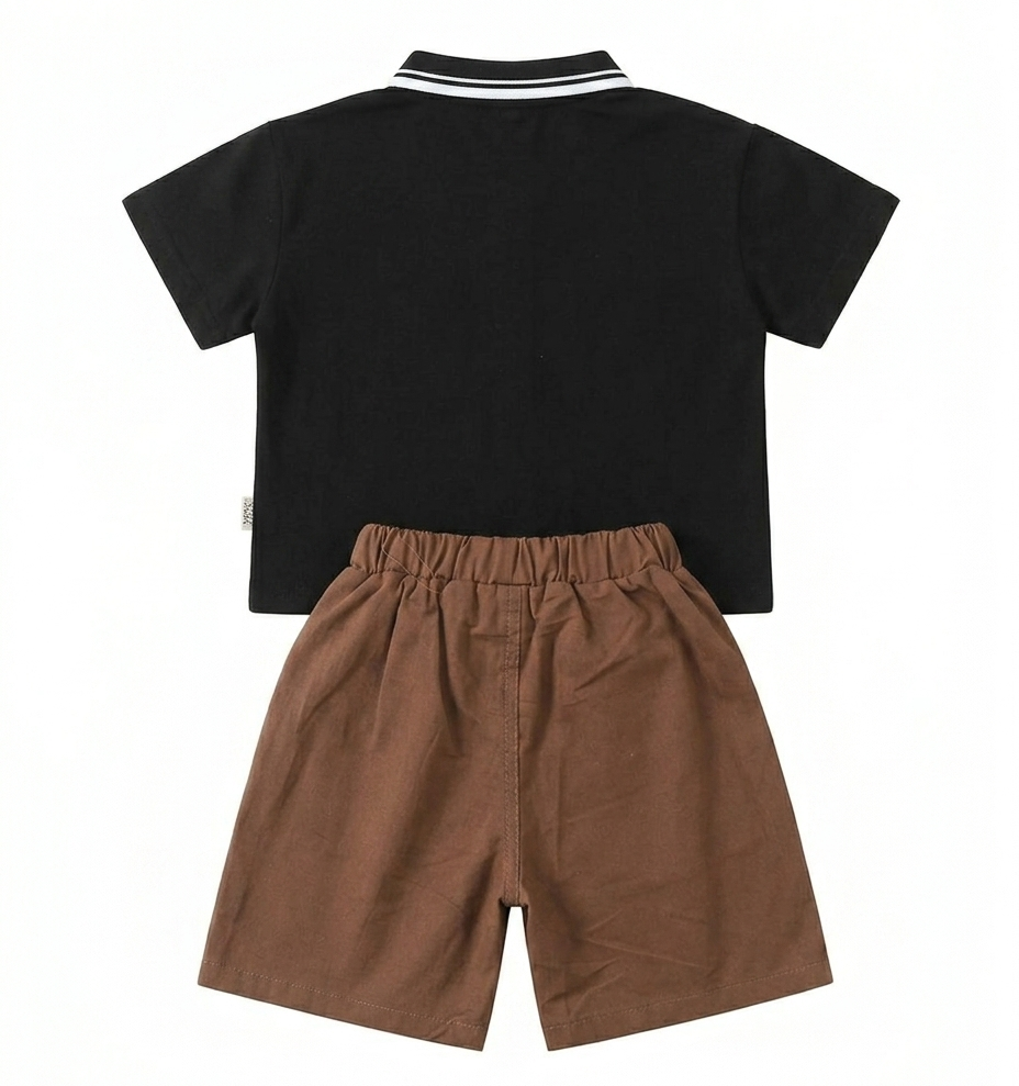 Boys Black Bear Print Polo T-Shirt & Brown Shorts