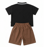 Boys Black Bear Print Polo T-Shirt & Brown Shorts