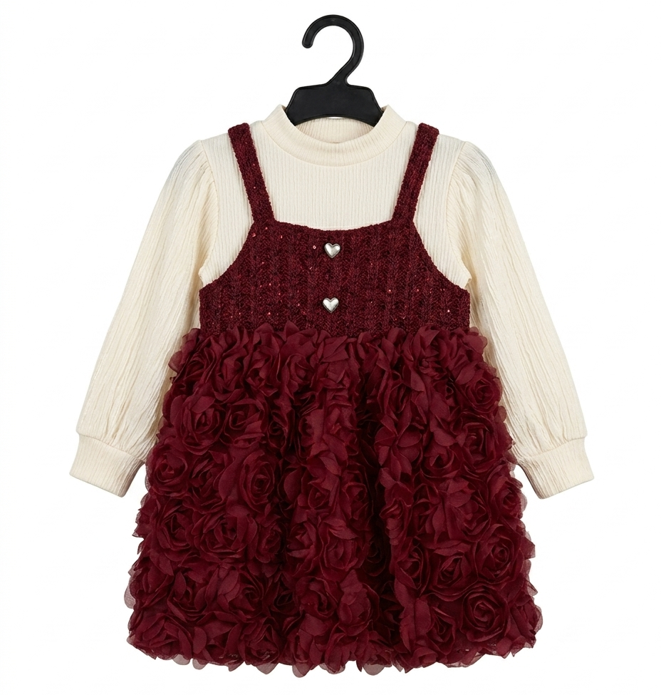 Baby Girls Maroon Flower Dress Set