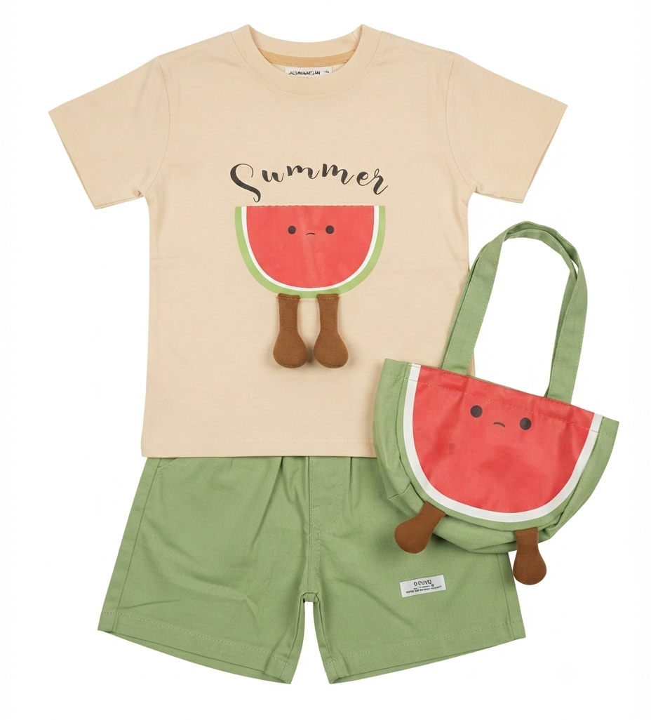Boys Summer Watermelon Print T-Shirt & Shorts Set with Matching Tote Bag