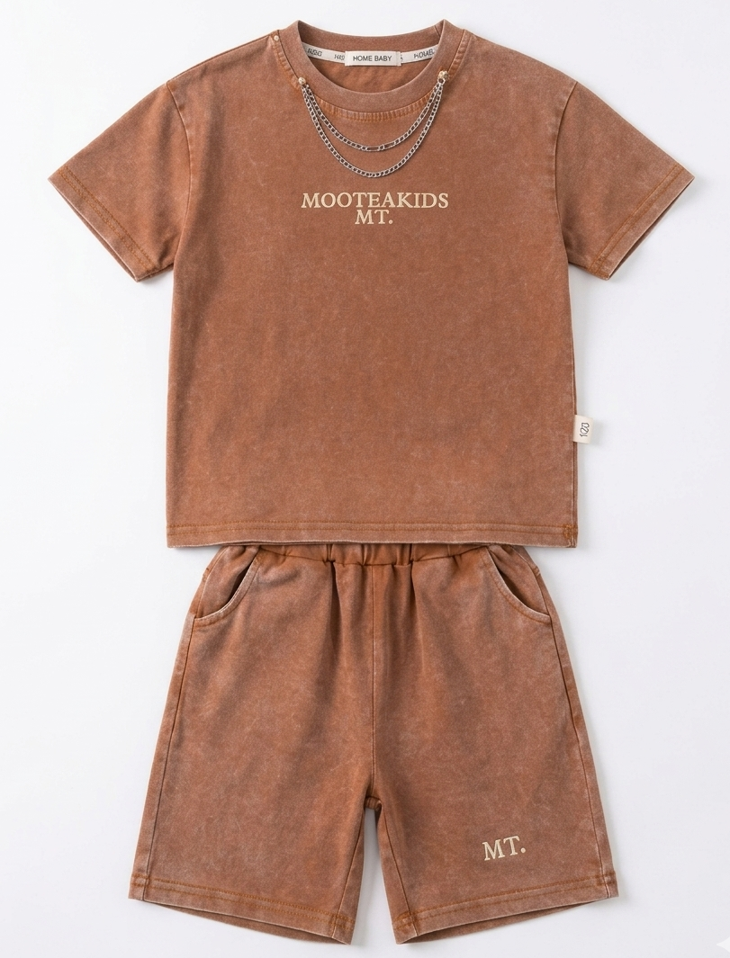 Kids Brown Acid Wash T-Shirt & Shorts