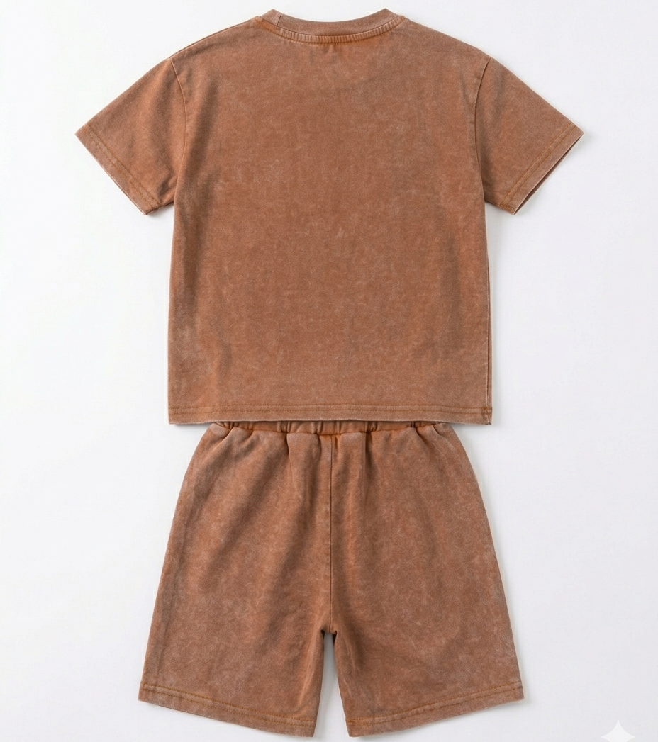 Kids Brown Acid Wash T-Shirt & Shorts