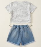 Girls Butterfly T Shirt Set with Denim Shorts