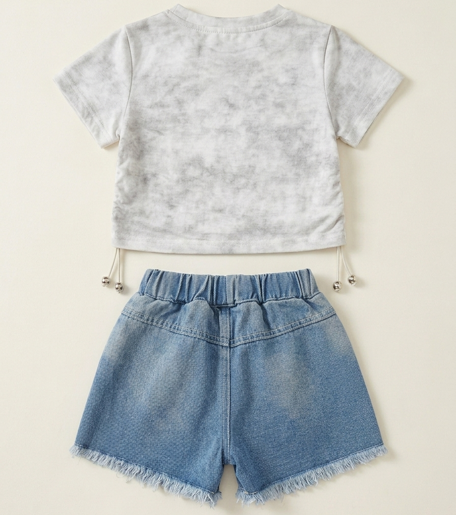 Girls Butterfly T Shirt Set with Denim Shorts