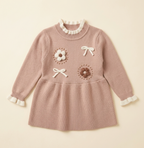 Girls Beige Knitted Winter Dress with Floral Embroidery