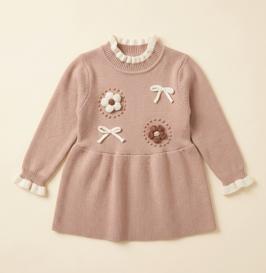 Girls Beige Knitted Winter Dress with Floral Embroidery