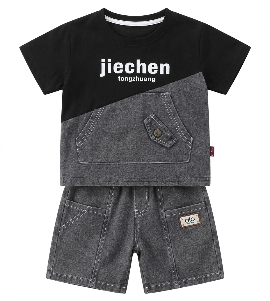 Boys Black & Grey Half Sleeve T-Shirt and Shorts