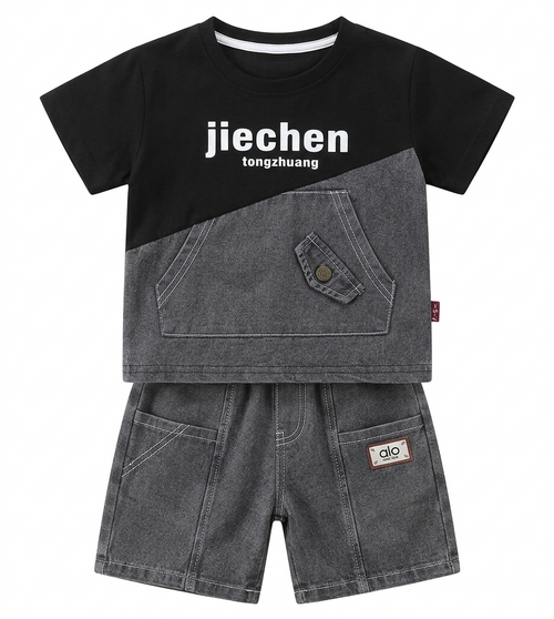 Boys Black & Grey Half Sleeve T-Shirt and Shorts