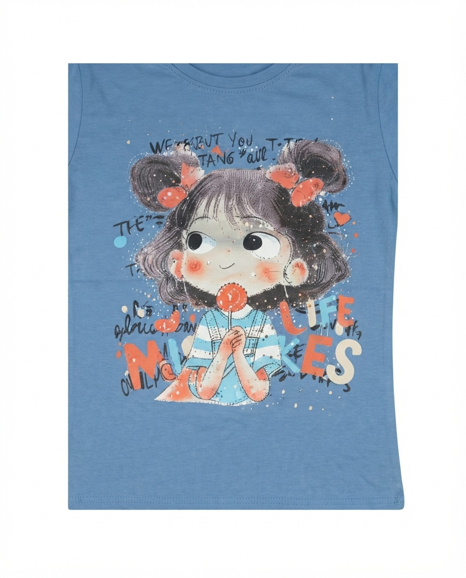 Girls Blue Cartoon Print T-Shirt with Denim Cargo Pants