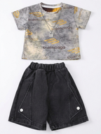 Boys Grey Printed T-Shirt with Black Denim Shorts