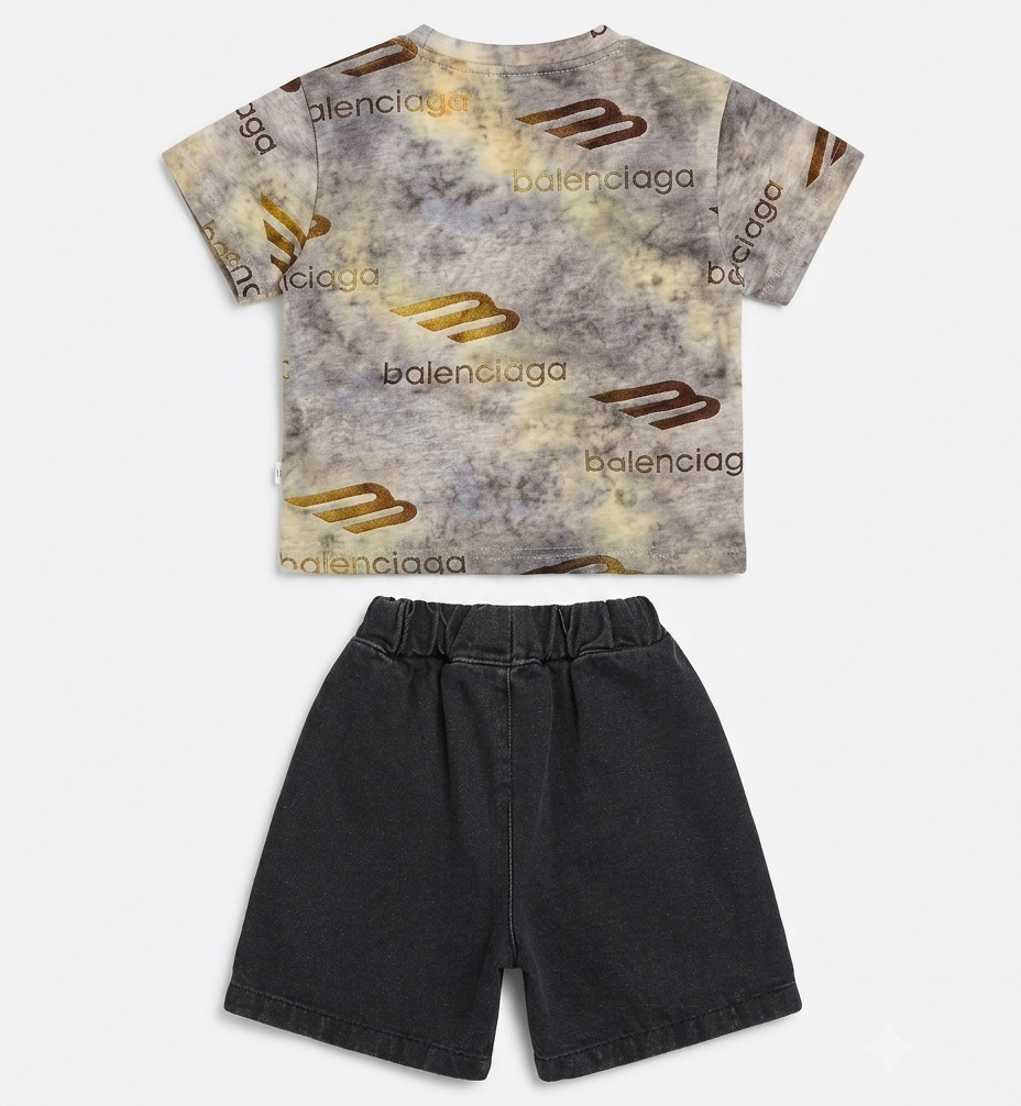 Boys Grey Printed T-Shirt with Black Denim Shorts