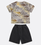 Boys Grey Printed T-Shirt with Black Denim Shorts