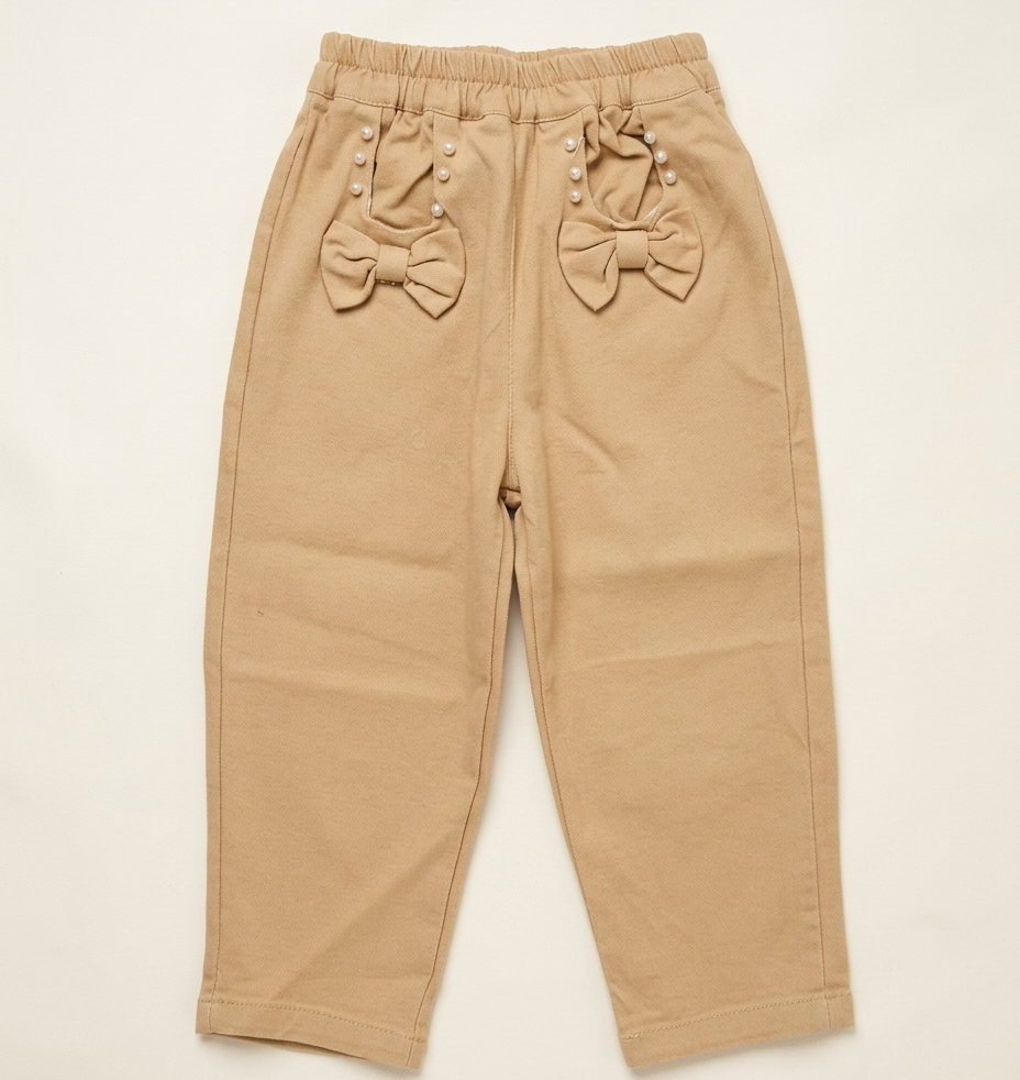 Girls Beige Pearl Bow Straight Fit Pants