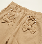Girls Beige Pearl Bow Straight Fit Pants