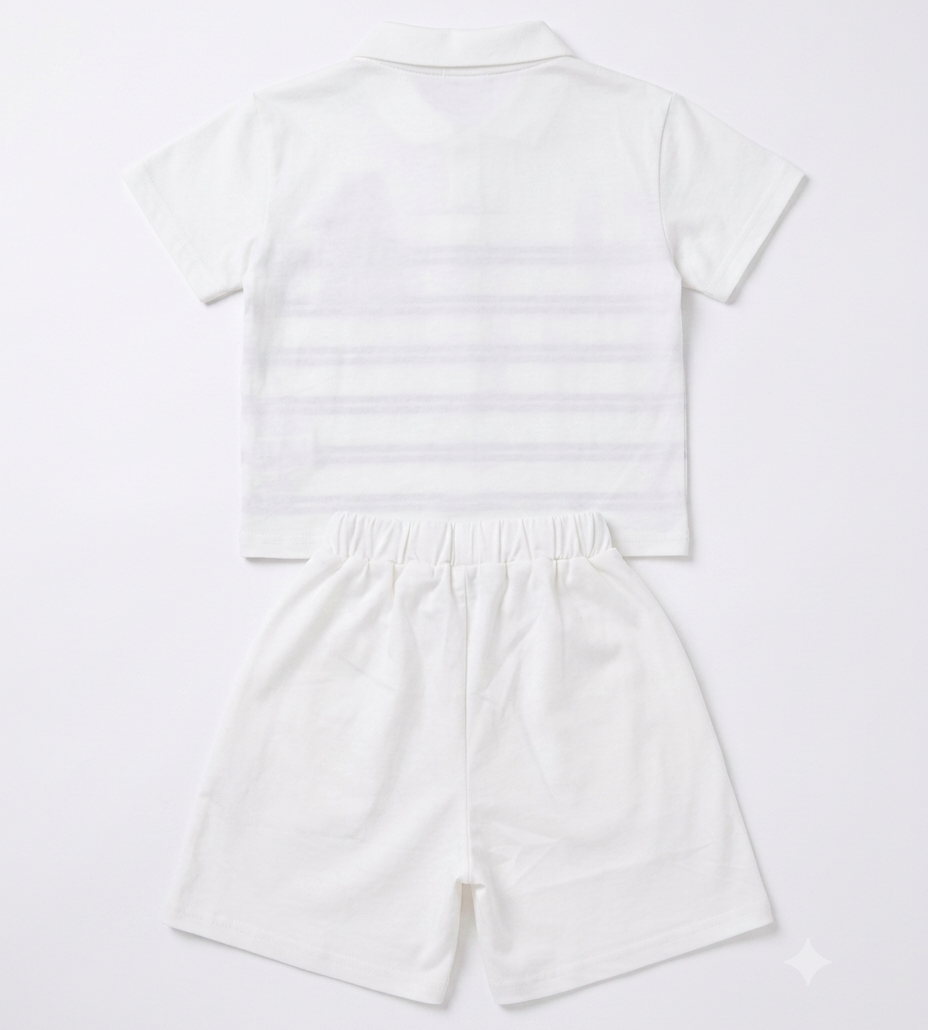 Boys White Striped Polo T-Shirt & Shorts Co-Ord Set