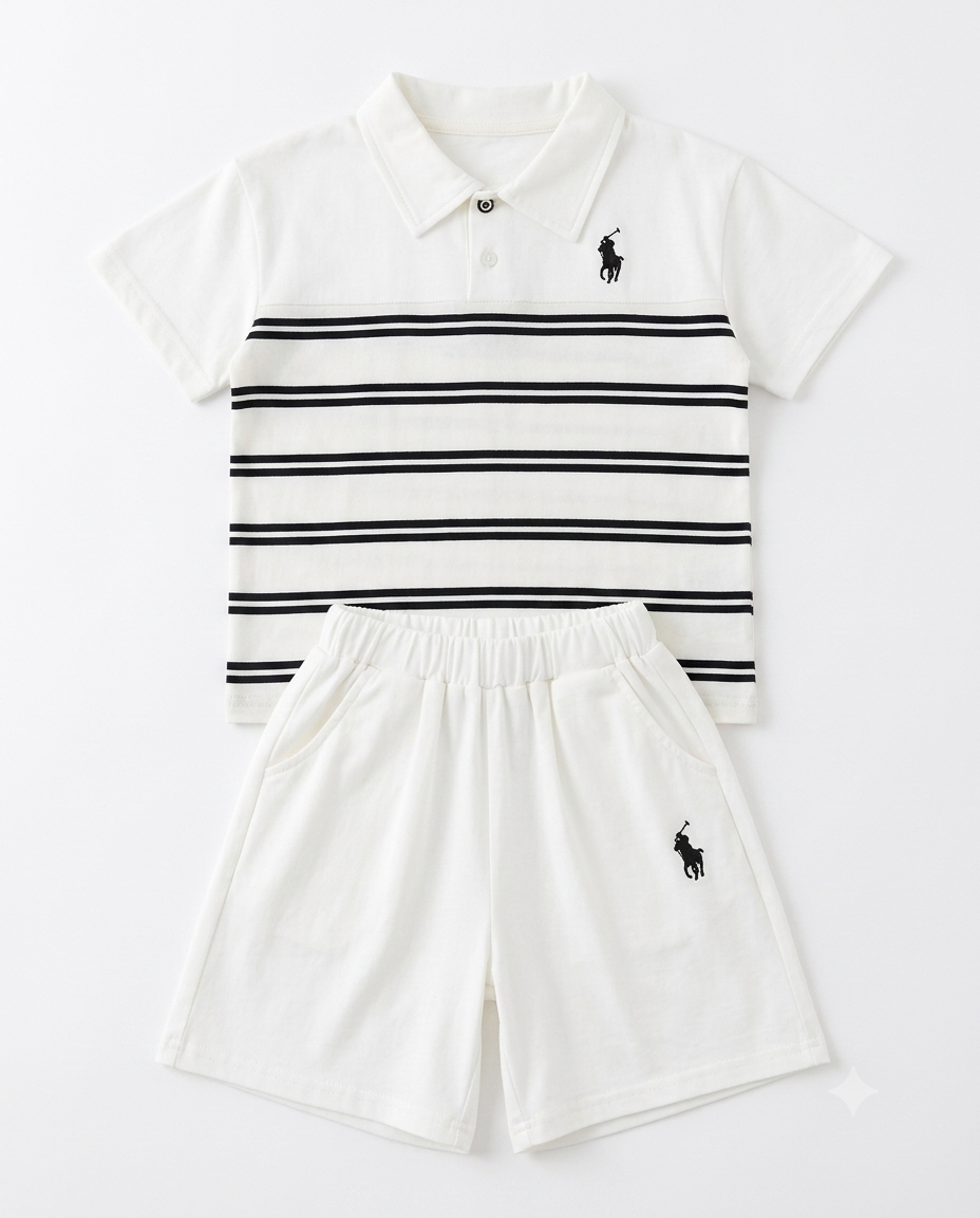 Boys White Striped Polo T-Shirt & Shorts Co-Ord Set