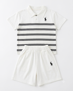 Boys White Striped Polo T-Shirt & Shorts Co-Ord Set