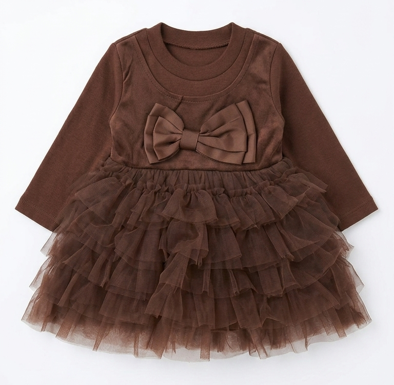 Girls Chocolate Brown Bow Ruffle Tulle Party Dress