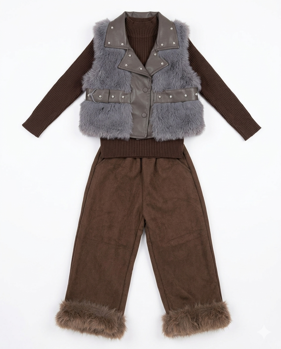 Girls Brown Fur Vest & Wide Leg Pants Winter Co-ord Set