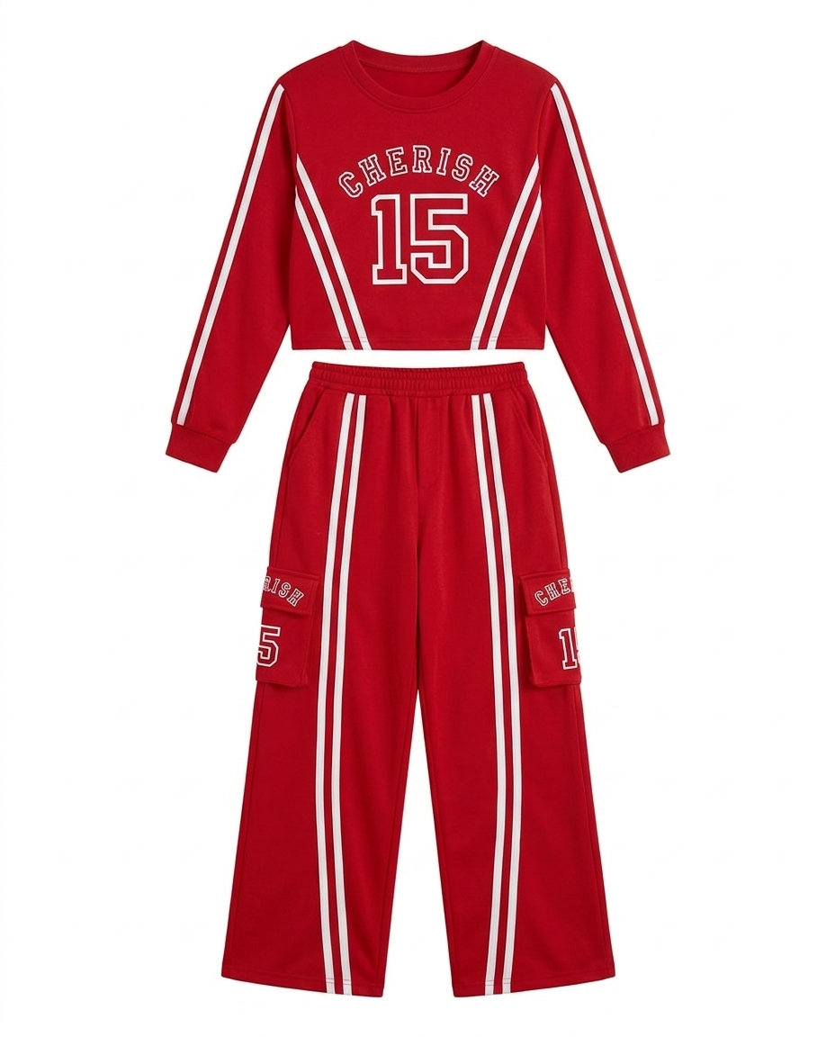 Girls Red Printed Sweatshirt & Cargo Jogger Co-Ord Set