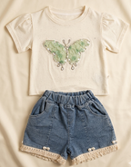 Girls White Butterfly T Shirts and Shorts