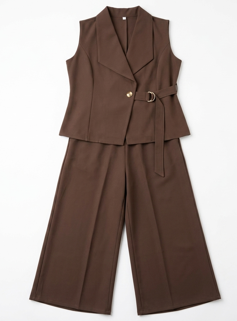 Girls Brown Sleeveless Blazer & Wide Leg Pant Co-Ord Set