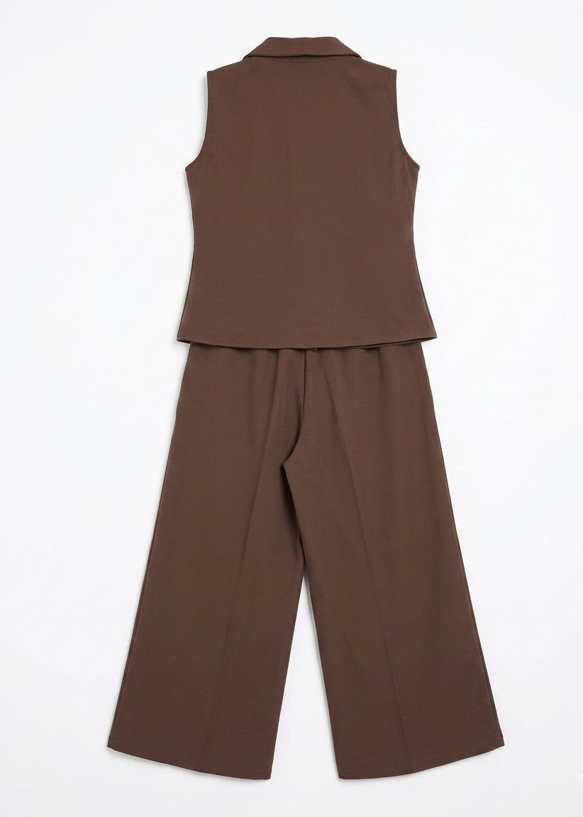 Girls Brown Sleeveless Blazer & Wide Leg Pant Co-Ord Set
