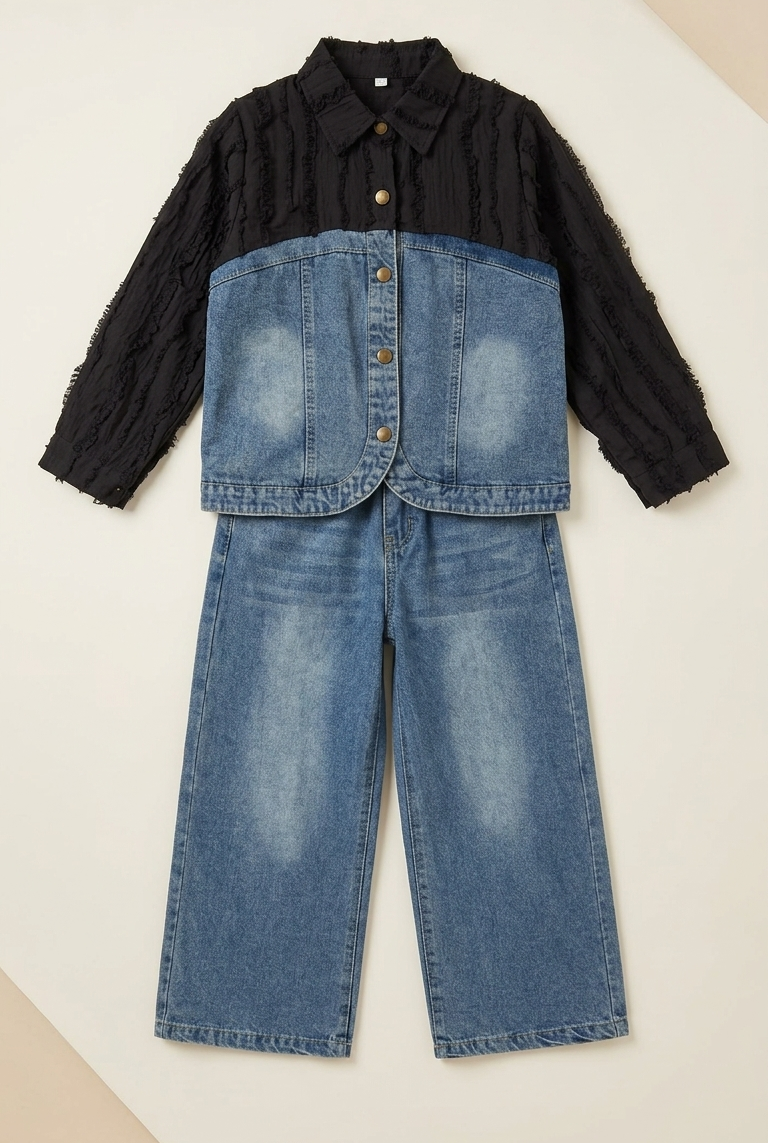 Girls Black Textured Denim Co-Ord Set with Wide-Leg Jeans