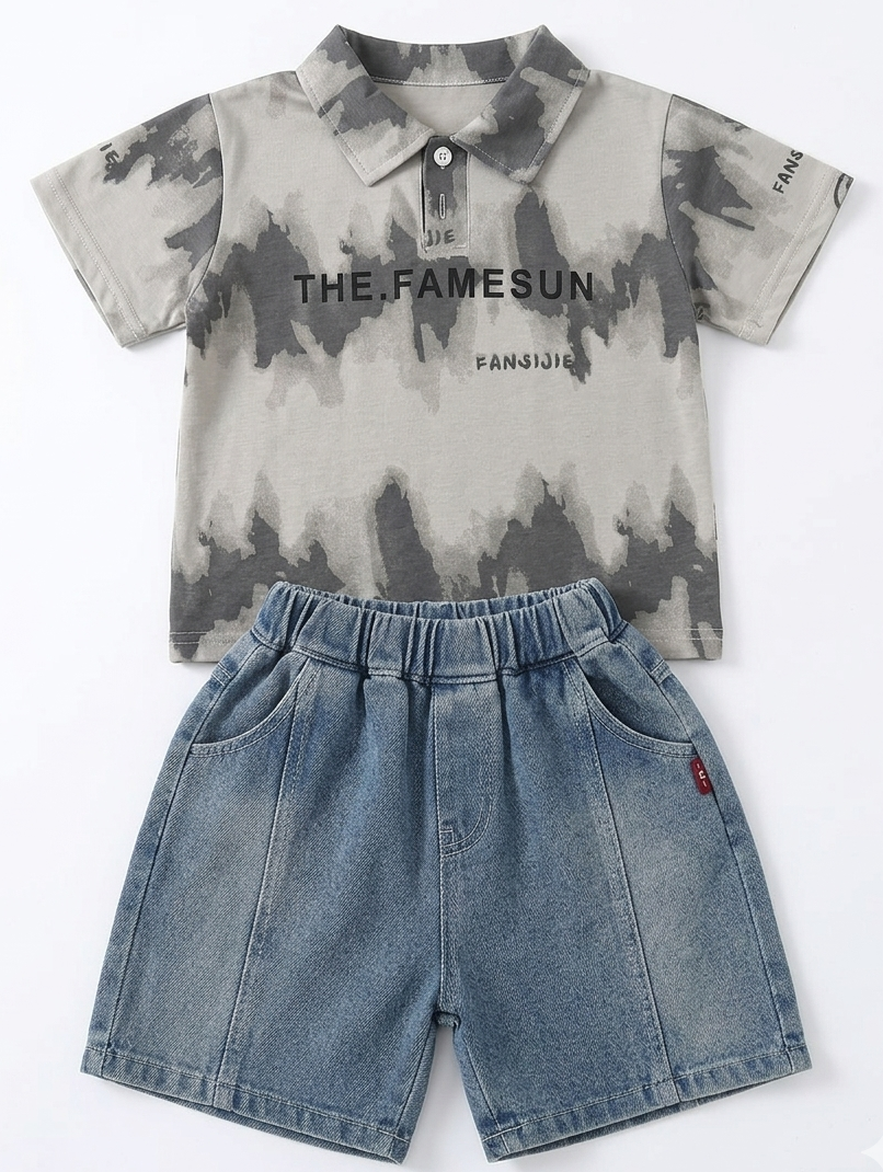 Boys Grey Polo Neck T-Shirt & Blue Denim Shorts