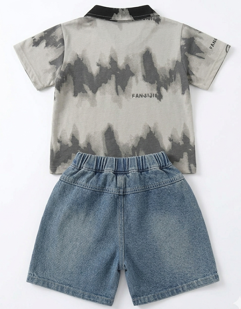 Boys Grey Polo Neck T-Shirt & Blue Denim Shorts