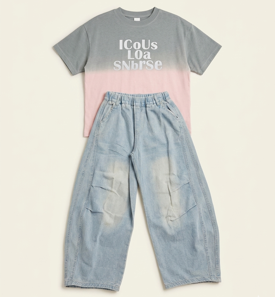 Girls Grey & Pink Ombre T-Shirt with Light Blue Wide-Leg Denim