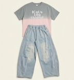 Girls Grey & Pink Ombre T-Shirt with Light Blue Wide-Leg Denim