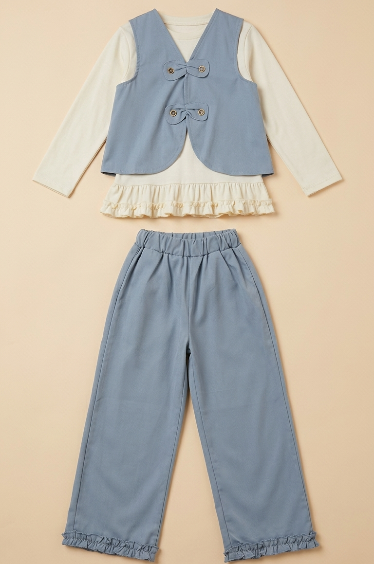 Girls Bear Embroidered Layered Co-Ord 3 Piece Set