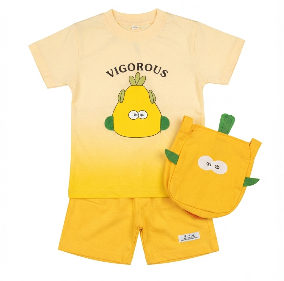 Boys Pear Print T-Shirt & Shorts Set with Matching Sling Bag