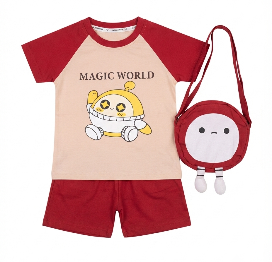 Boys Magic World Print T-Shirt & Shorts Set with Matching Sling Bag