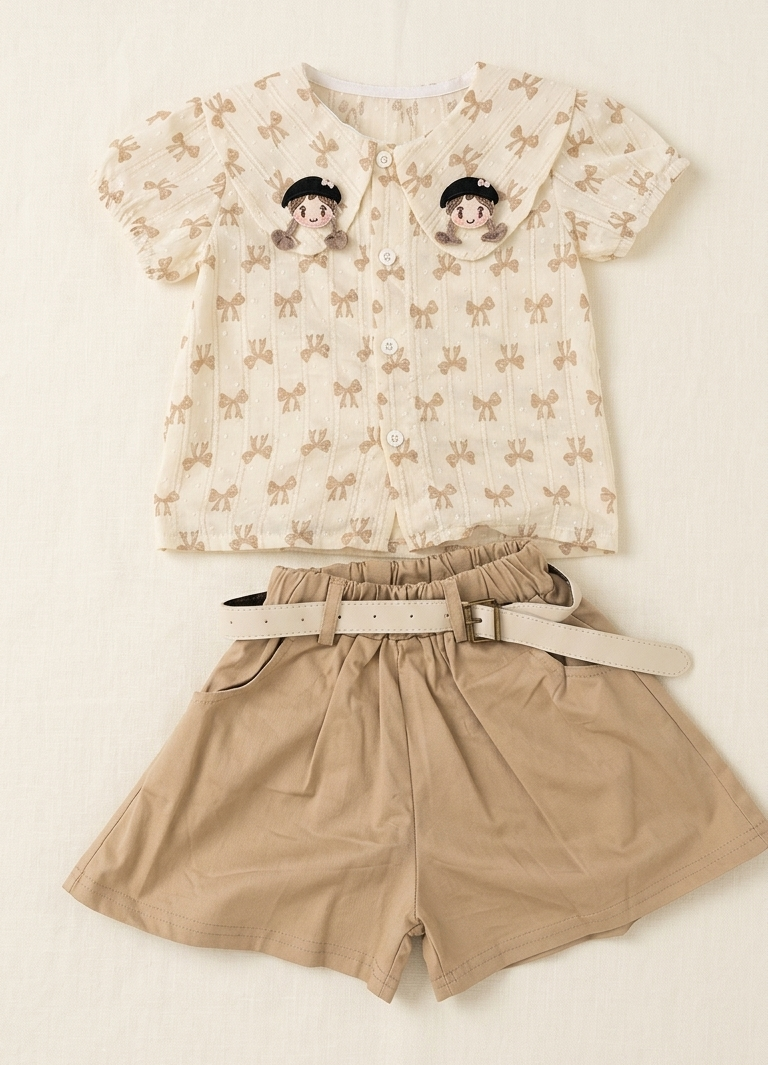 Girls Light Brown Top and Shorts with Belt