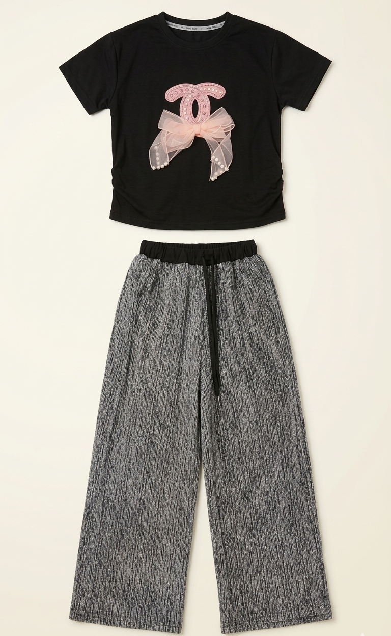 Girls Bow T Shirt with Wide Leg Pants