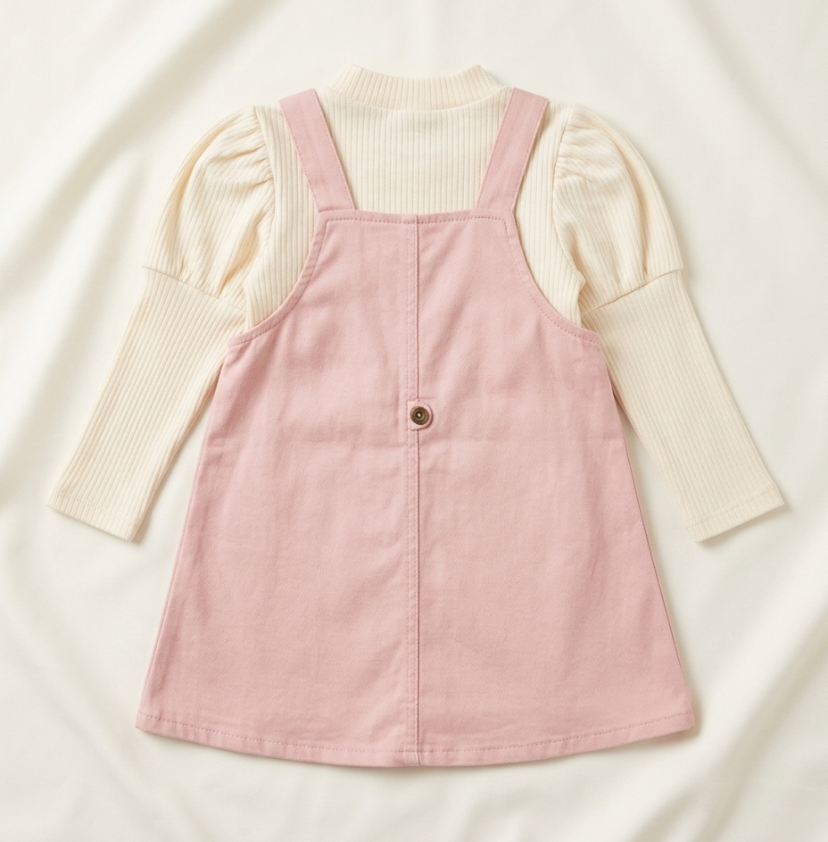 Girls Pink Pinafore Dress with White Ribbed Full Sleeve Top Set