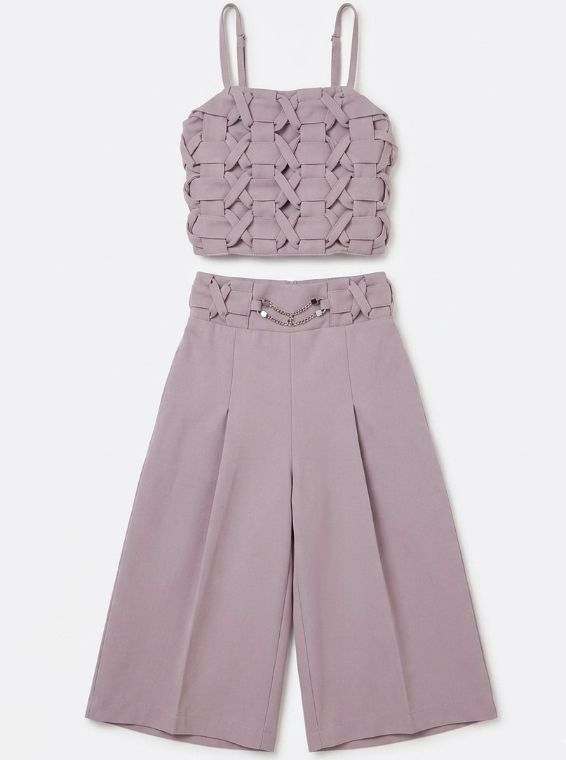 Girls Lilac Woven Crop Top with Wide Leg Pants Co-Ord Set