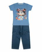 Girls Blue Cartoon Print T-Shirt with Denim Cargo Pants