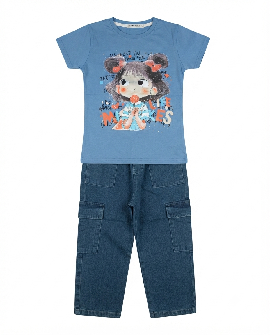 Girls Blue Cartoon Print T-Shirt with Denim Cargo Pants