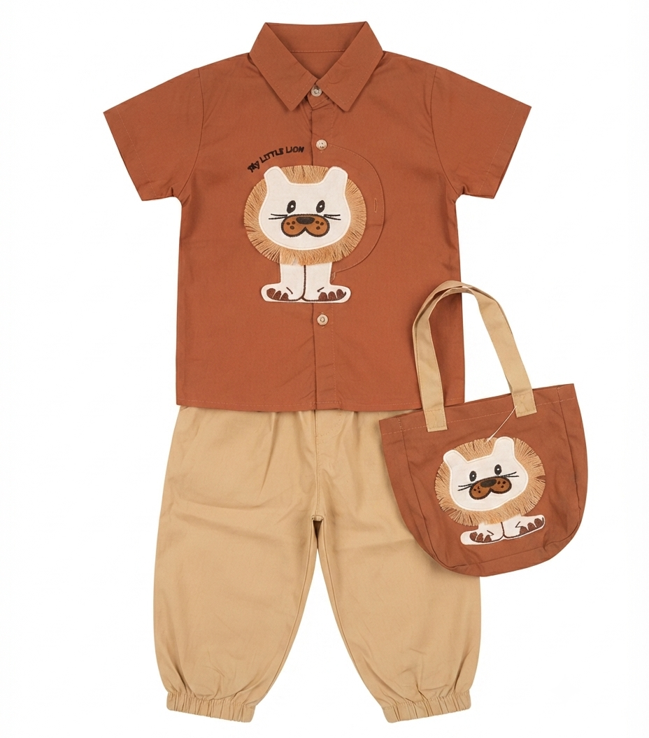 Boys Lion Applique Shirt & Jogger Pant Set with Matching Tote Bag