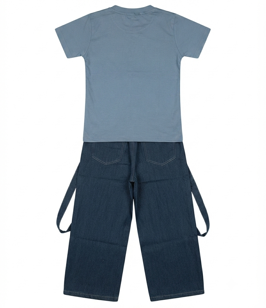 Boys Blue Printed T-Shirt with Denim Cargo long Pants