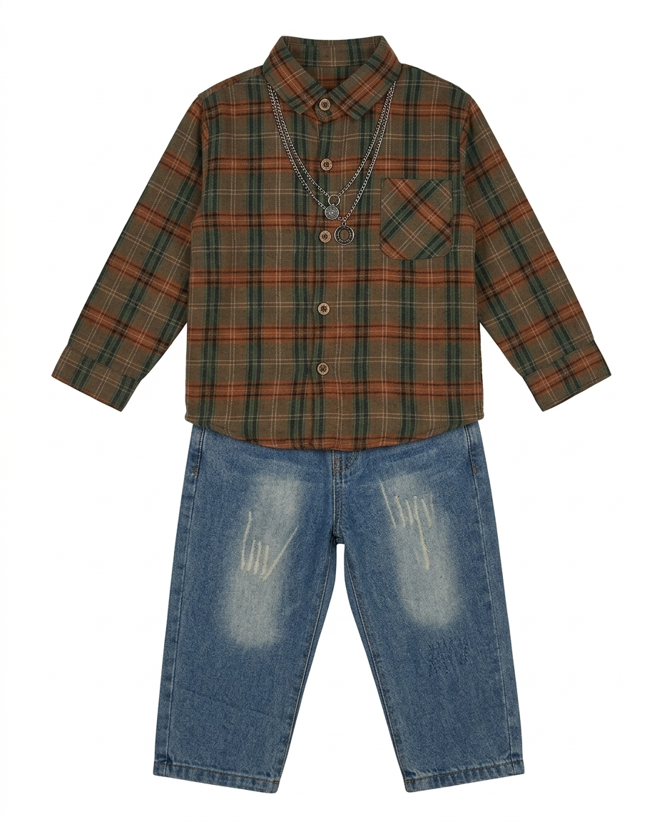 Boys Brown Checked Full Sleeve Shirt with Blue Denim Jeans