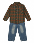Boys Brown Checked Full Sleeve Shirt with Blue Denim Jeans
