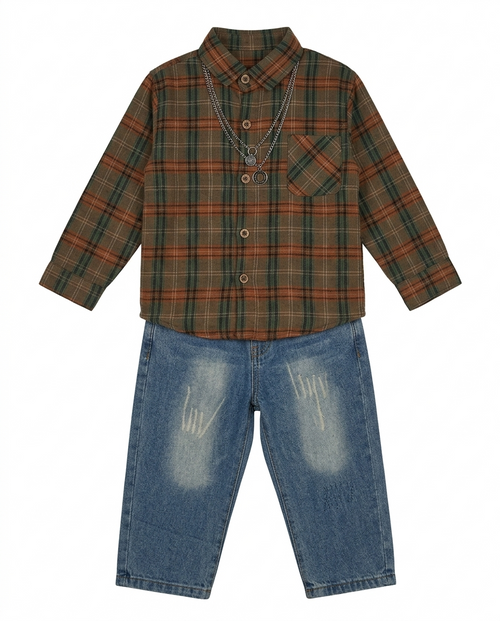 Boys Brown Checked Full Sleeve Shirt with Blue Denim Jeans